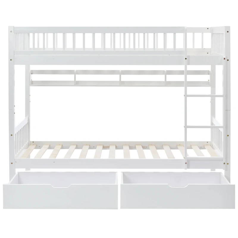 Bunk Bed for Kids, Solid Pine Wood Frame with Under Bed Drawer Storage and Shelves, Ideal for Kids Storage, 198x99.5x152 cm, White