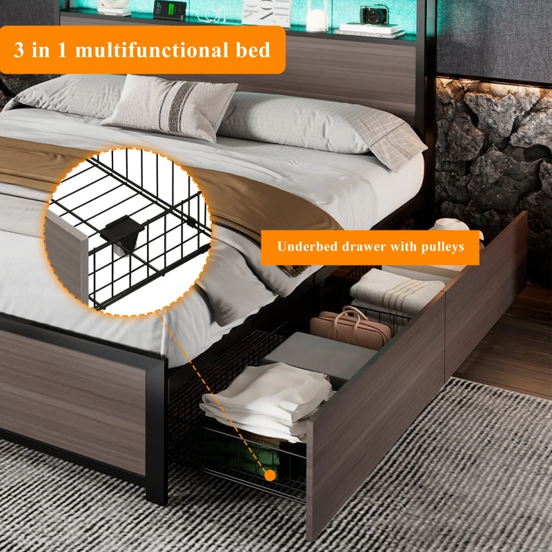 Metal Double Bed with LED Light Strip, 4 Drawers, and 3 USB Ports, , Ideal for Home and Bedroom Furniture, 207x135.5x105 cm, Gray
