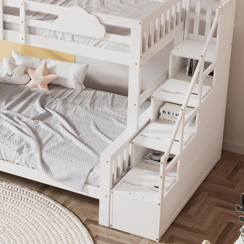 Children's Bunk Bed with Stairs and Trundle, Solid Pine Wood, Cloud Design, Multiple Storage Compartments, Kids Storage Solution, 234x140x139 cm, White