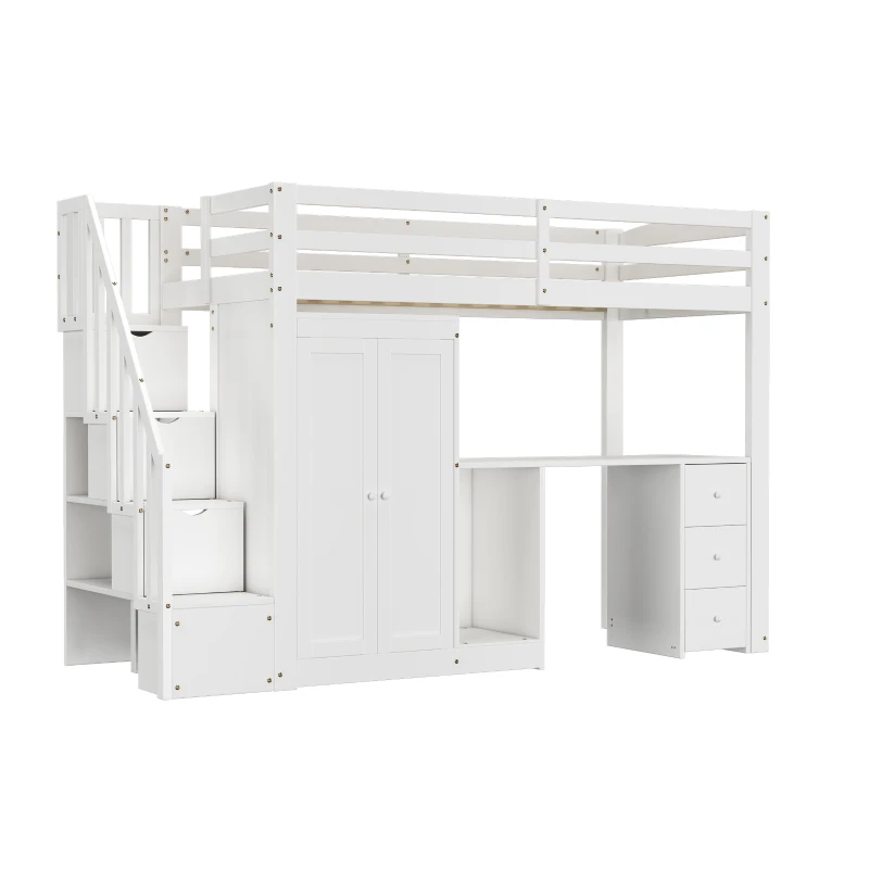 Bunk Bed with Wardrobe, Desk, Stairway Storage, Safety Rails, Pinewood Frame, Ideal Kids Storage and Bedroom Furniture, 230x94x160 cm, White
