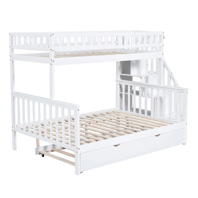 Bunk Bed with Stairs and Trundle, Solid Pine Wood Frame, Converts to Two Single Beds, Ideal for Guest Rooms and Kids' Storage, 213.3x108x159 cm, White