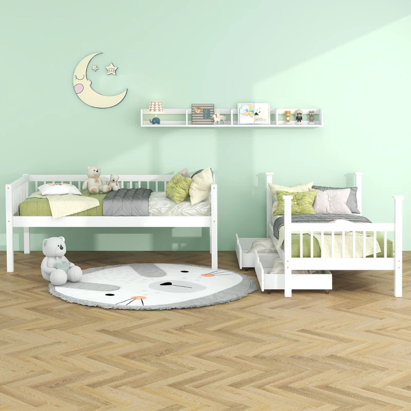 Bunk Bed for Kids, Solid Pine Wood Frame with Under Bed Drawer Storage and Shelves, Ideal for Kids Storage, 198x99.5x152 cm, White
