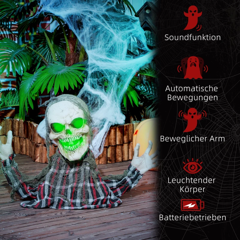 HOMCOM Halloween Decoratie Grondverschijning-Skelet, Buigzame Armen, Gloeiende Ogen, Griezelig Huilen