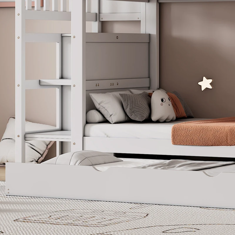 Triple Bunk Bed, Solid Pine Wood Frame with Ladder and Four Drawers, Space-Saving Design, 247x95x48.5 cm, White