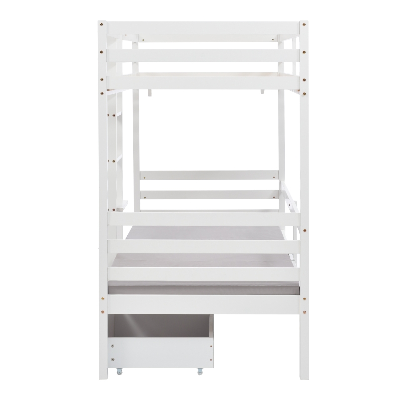 Functional Loft Bunk Bed with Desk and Storage, Twin Bedframe with Drawers and Cushions, Space-Saving Design, 196x101x168 cm, White