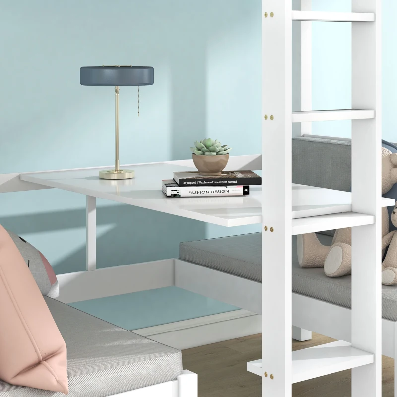 Functional Loft Bunk Bed with Desk and Storage, Twin Bedframe with Drawers and Cushions, Space-Saving Design, 196x101x168 cm, White