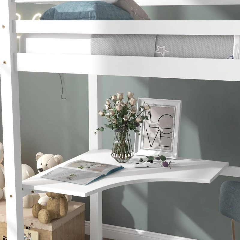 Single 3FT Loft Bed Frame with Desk, High Sleeper Bunk Bed for Children, Solid Pine Wood, 198x97x172 cm, White