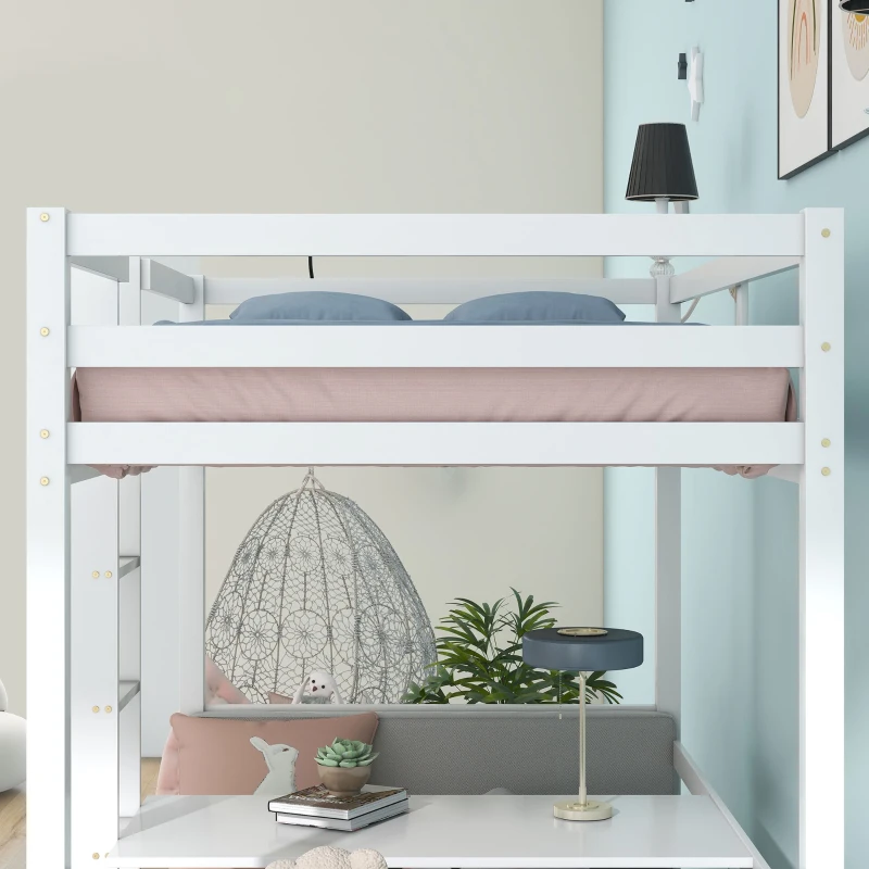 Functional Loft Bunk Bed with Desk and Storage, Twin Bedframe with Drawers and Cushions, Space-Saving Design, 196x101x168 cm, White