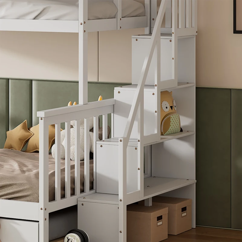Bunk Bed with Stairs and Trundle, Solid Pine Wood Frame, Converts to Two Single Beds, Ideal for Guest Rooms and Kids' Storage, 213.3x108x159 cm, White