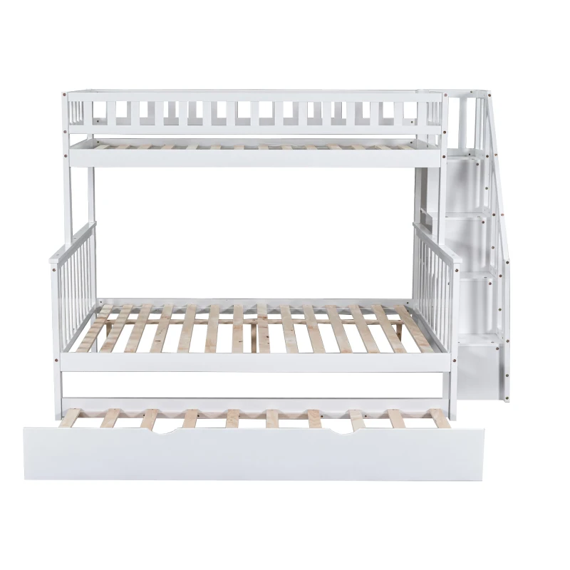 Bunk Bed with Stairs and Trundle, Solid Pine Wood Frame, Converts to Two Single Beds, Ideal for Guest Rooms and Kids' Storage, 213.3x108x159 cm, White