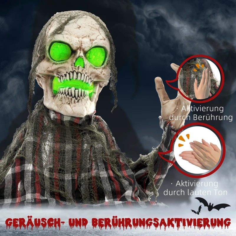 HOMCOM Halloween Decoratie Grondverschijning-Skelet, Buigzame Armen, Gloeiende Ogen, Griezelig Huilen