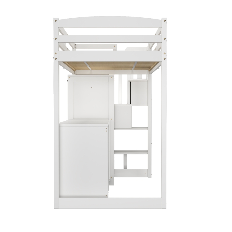 Bunk Bed with Wardrobe, Desk, Stairway Storage, Safety Rails, Pinewood Frame, Ideal Kids Storage and Bedroom Furniture, 230x94x160 cm, White