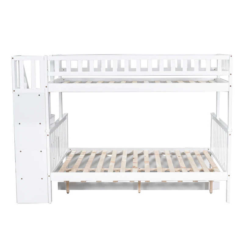 Bunk Bed with Stairs and Trundle, Solid Pine Wood Frame, Converts to Two Single Beds, Ideal for Guest Rooms and Kids' Storage, 213.3x108x159 cm, White