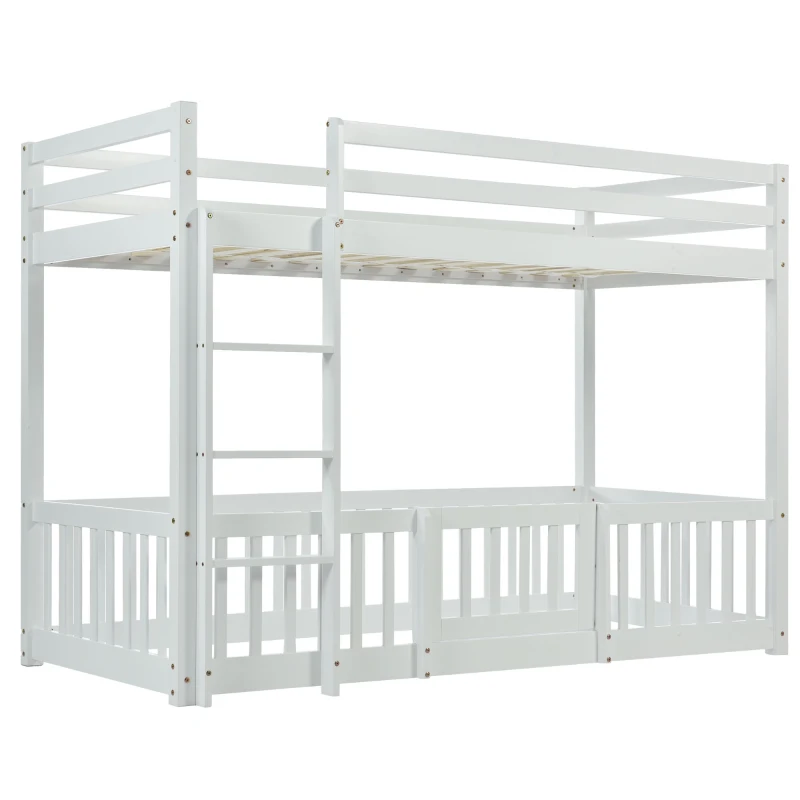 Children's Bunk Bed with Safety Railings and Right-Angled Ladder, Solid Pine Wood, Kids Storage Solution, 198x101.5x150 cm, White