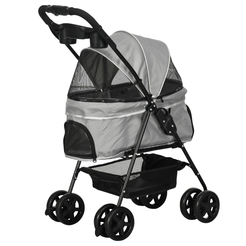 PawHut Hundebuggy Hundewagen bis 4 kg Klappbar Netzfenster Bodenkorb Becherhalter abnehmbares Dach grau 67 x 45 x 96 cm