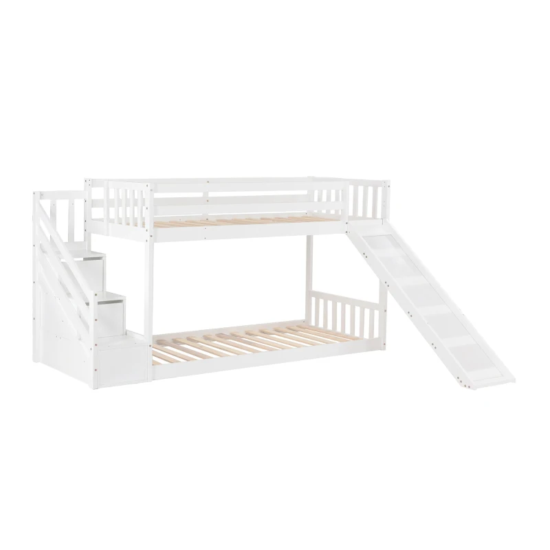 Bunk Bed with Stairs and Slide, Solid Pine Wood Frame, Kids Storage Bed with 2 Drawers, 233x223x125 cm, White