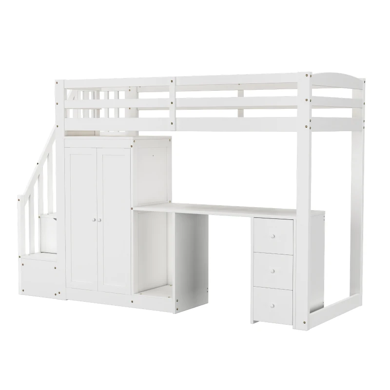 Bunk Bed with Wardrobe, Desk, Stairway Storage, Safety Rails, Pinewood Frame, Ideal Kids Storage and Bedroom Furniture, 230x94x160 cm, White