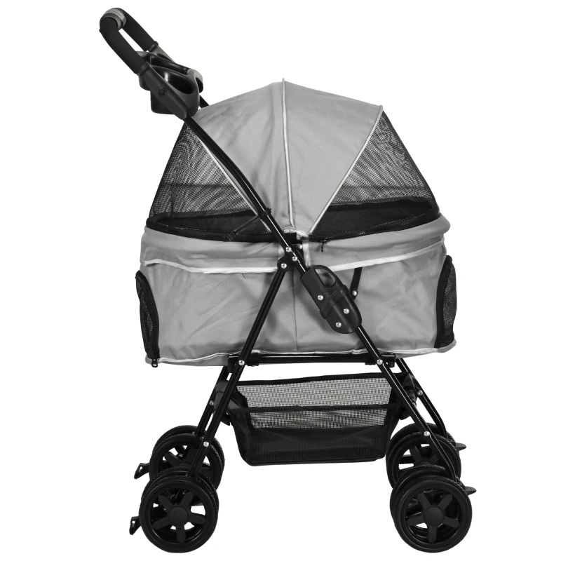 PawHut Hundebuggy Hundewagen bis 4 kg Klappbar Netzfenster Bodenkorb Becherhalter abnehmbares Dach grau 67 x 45 x 96 cm