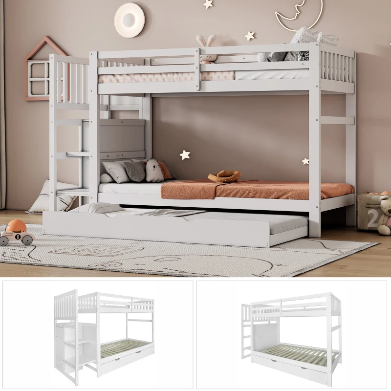 Triple Bunk Bed, Solid Pine Wood Frame with Ladder and Four Drawers, Space-Saving Design, 247x95x48.5 cm, White