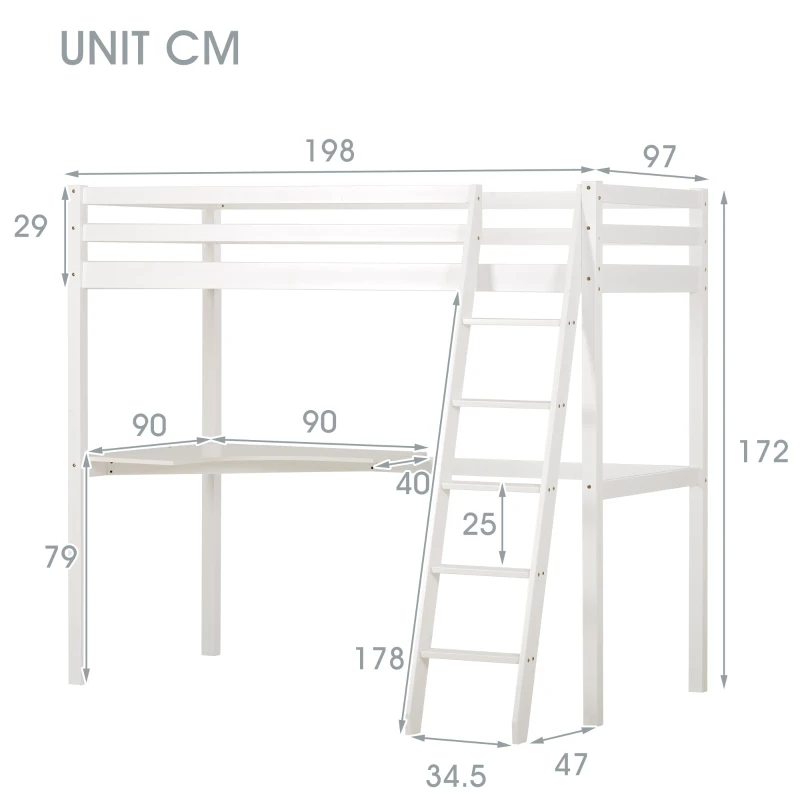 Single 3FT Loft Bed Frame with Desk, High Sleeper Bunk Bed for Children, Solid Pine Wood, 198x97x172 cm, White