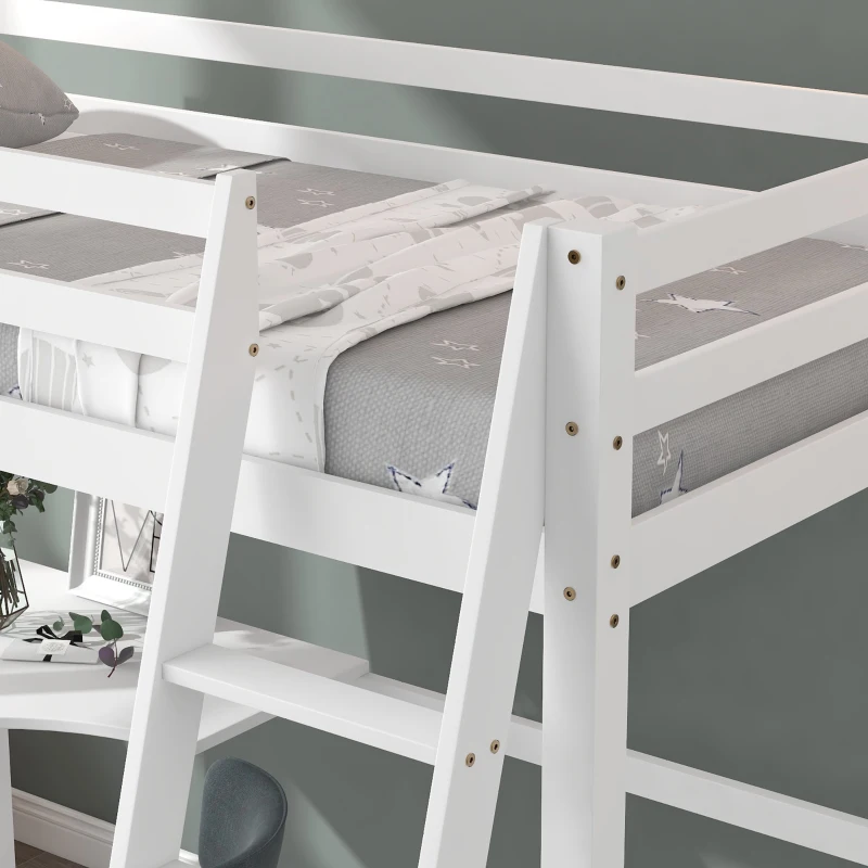 Single 3FT Loft Bed Frame with Desk, High Sleeper Bunk Bed for Children, Solid Pine Wood, 198x97x172 cm, White