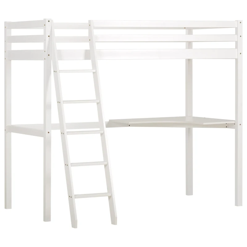 Single 3FT Loft Bed Frame with Desk, High Sleeper Bunk Bed for Children, Solid Pine Wood, 198x97x172 cm, White