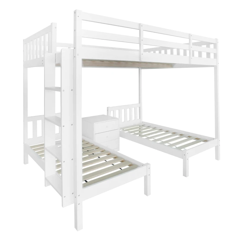 Triple Bunk Beds with Side Ladder, Safety Rails, Pine Frame, 205x146.5x165 cm, White