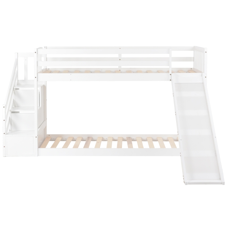 Bunk Bed with Stairs and Slide, Solid Pine Wood Frame, Kids Storage Bed with 2 Drawers, 233x223x125 cm, White