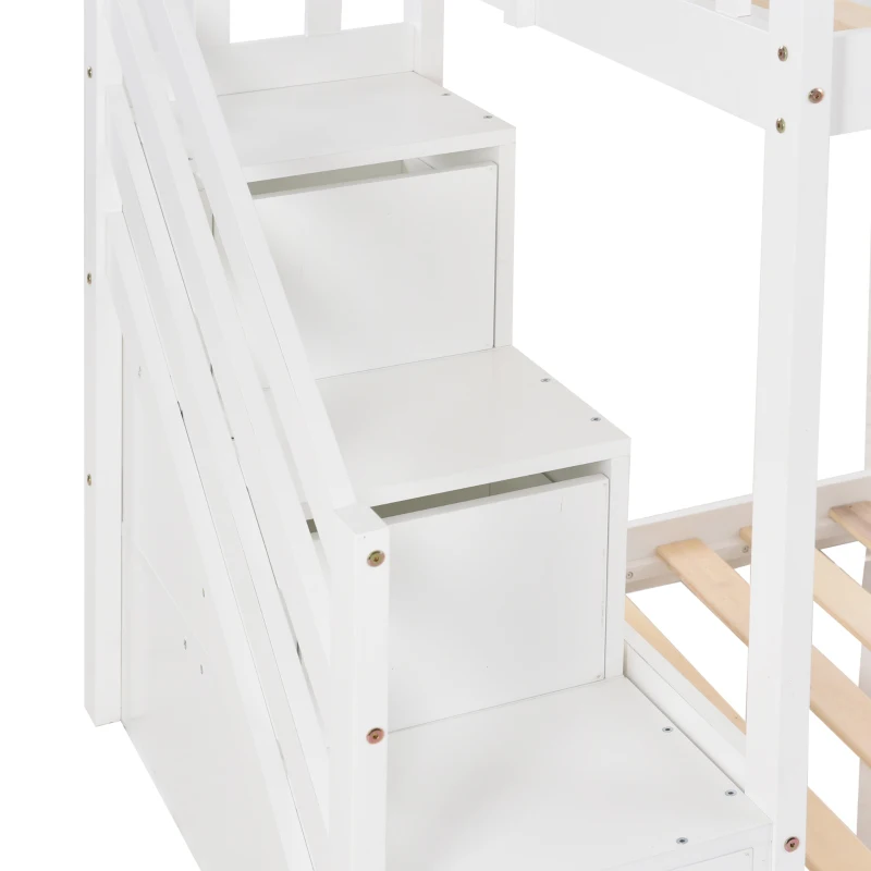 Bunk Bed with Stairs and Slide, Solid Pine Wood Frame, Kids Storage Bed with 2 Drawers, 233x223x125 cm, White