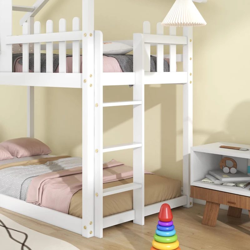 Children's Bunk Bed Frame with Ladder, House Bed, Space-Saving Design, Ideal for Kids' Room Storage, 200.5x98.5x189.5 cm, White