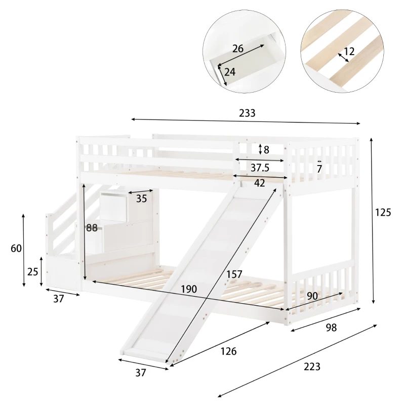 Bunk Bed with Stairs and Slide, Solid Pine Wood Frame, Kids Storage Bed with 2 Drawers, 233x223x125 cm, White