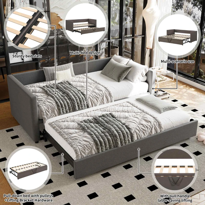 Upholstered Single Sofa Bed with Pull-Out Bottom Bed, Converts to Double Sofa Bed, Space-Saving Daybed, 203x191x73 cm, Gray