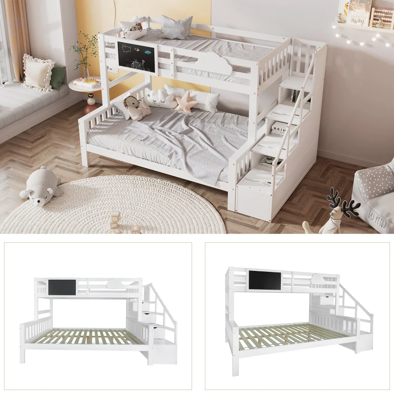 Children's Bunk Bed with Stairs and Trundle, Solid Pine Wood, Cloud Design, Multiple Storage Compartments, Kids Storage Solution, 234x140x139 cm, White
