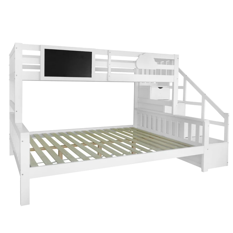 Children's Bunk Bed with Stairs and Trundle, Solid Pine Wood, Cloud Design, Multiple Storage Compartments, Kids Storage Solution, 234x140x139 cm, White