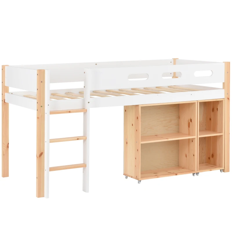 Loft Bed Children Single Sofa Bed Mid Sleeper with Movable Cabinet and Storage, 3FT Bed 200x101x100 cm, White