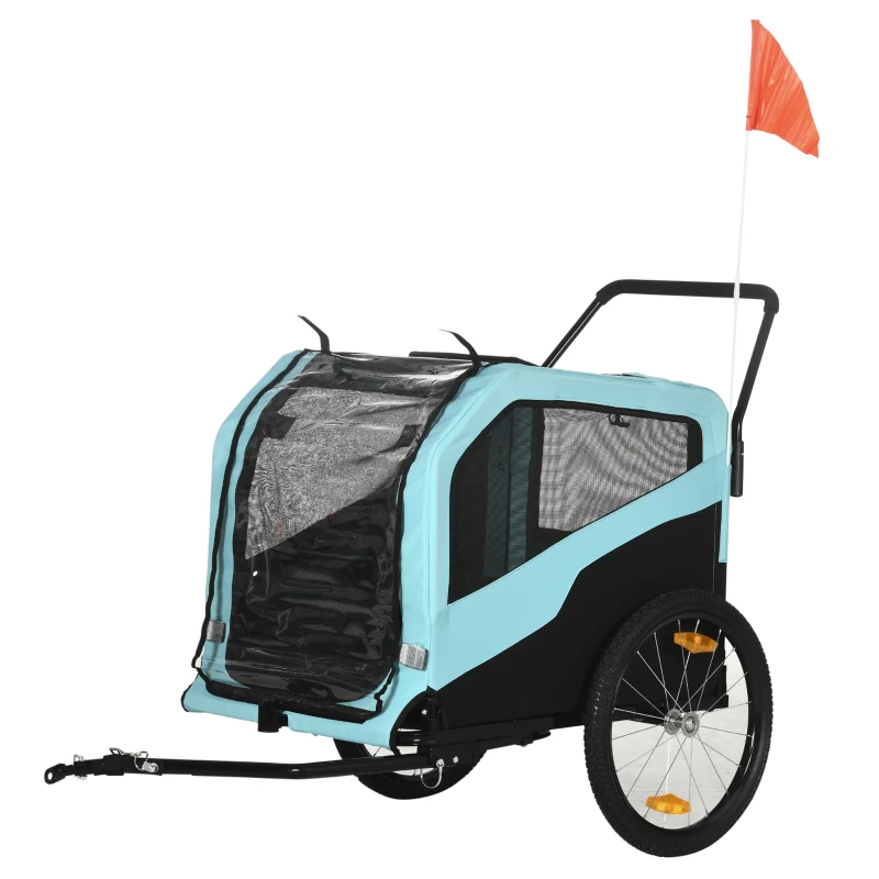PawHut 2-in-1 Hundeanhänger Hundewagen Fahrradanhänger bis 30kg klappbar Schiebefunktion 2 Eingänge Netzfenster Sonnenschutz Stahlrahmen hellblau 170 x 77 x 90 cm