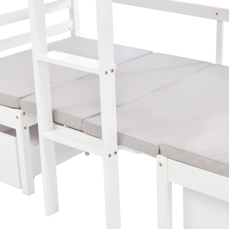 Functional Loft Bunk Bed with Desk and Storage, Twin Bedframe with Drawers and Cushions, Space-Saving Design, 196x101x168 cm, White