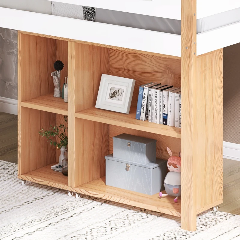 Loft Bed Children Single Sofa Bed Mid Sleeper with Movable Cabinet and Storage, 3FT Bed 200x101x100 cm, White