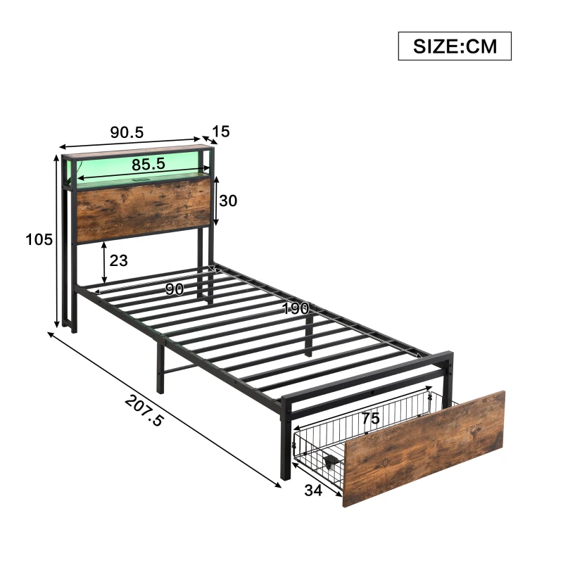 Single Metal Bed with LED Light Strip, Drawer, and USB Ports, Home and Furniture Bedroom Furniture, 207.5x90.5x105 cm, Black + Dark Walnut