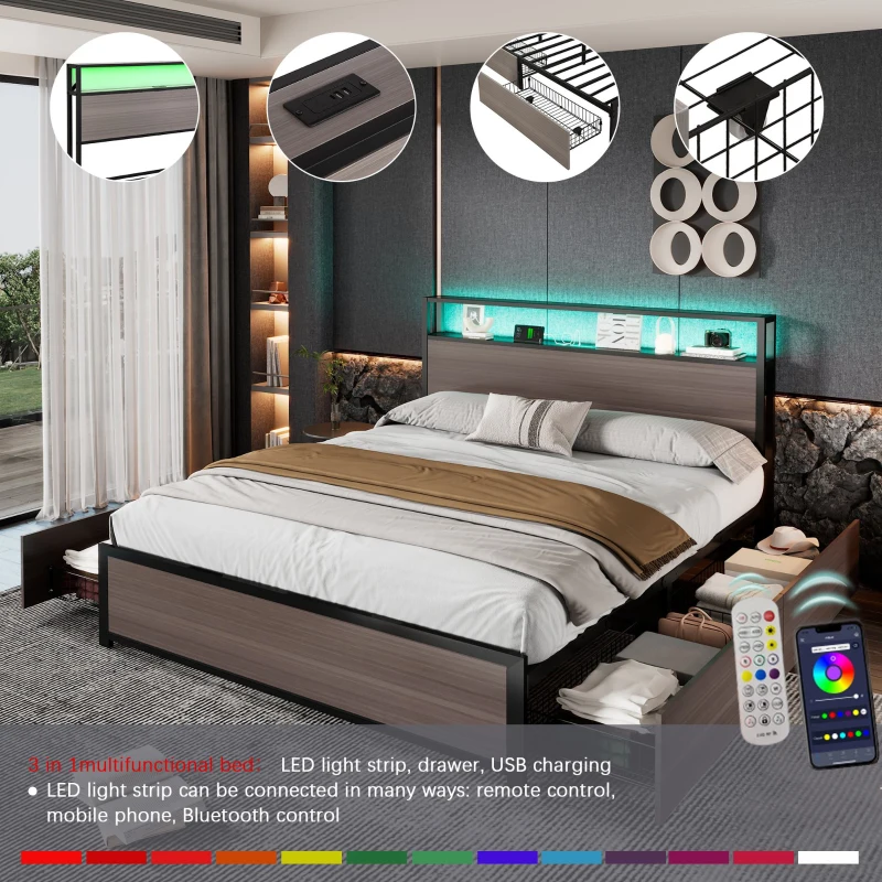 Metal Double Bed with LED Light Strip, 4 Drawers, and 3 USB Ports, , Ideal for Home and Bedroom Furniture, 207x135.5x105 cm, Gray