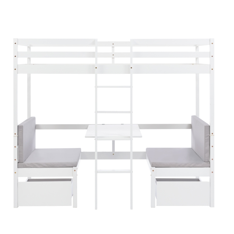 Functional Loft Bunk Bed with Desk and Storage, Twin Bedframe with Drawers and Cushions, Space-Saving Design, 196x101x168 cm, White