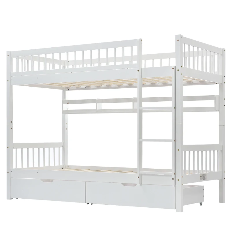 Bunk Bed for Kids, Solid Pine Wood Frame with Under Bed Drawer Storage and Shelves, Ideal for Kids Storage, 198x99.5x152 cm, White