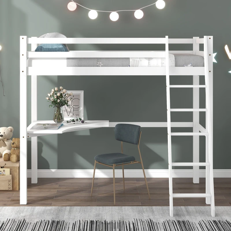 Single 3FT Loft Bed Frame with Desk, High Sleeper Bunk Bed for Children, Solid Pine Wood, 198x97x172 cm, White