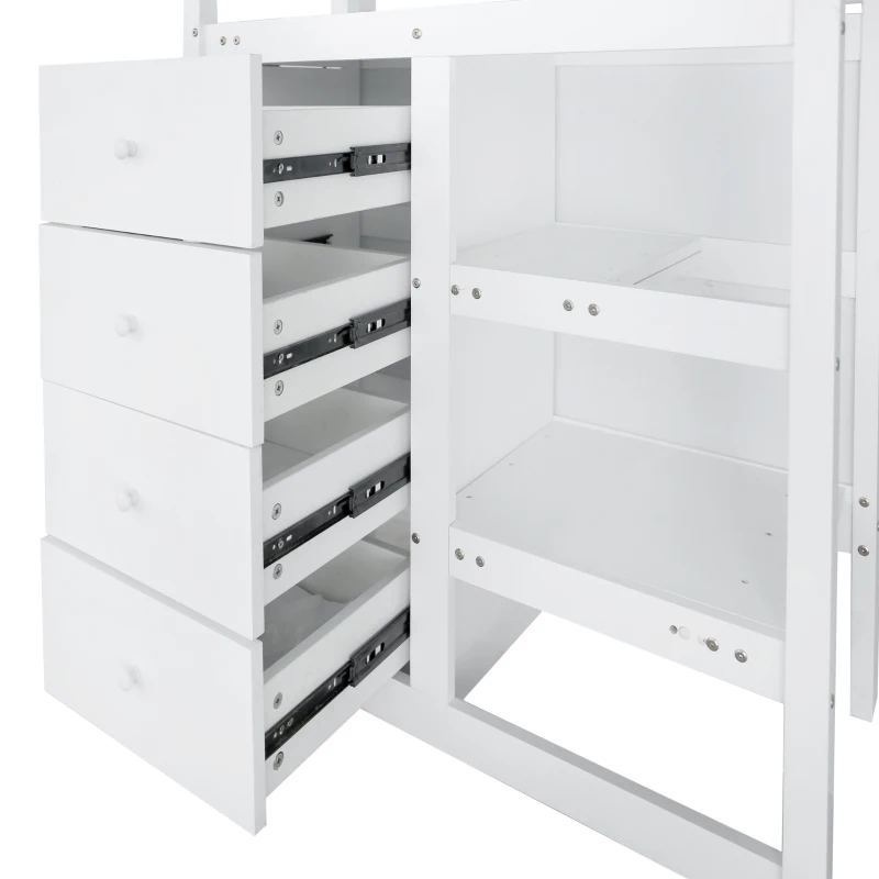 Triple Bunk Bed, Solid Pine Wood Frame with Ladder and Four Drawers, Space-Saving Design, 247x95x48.5 cm, White