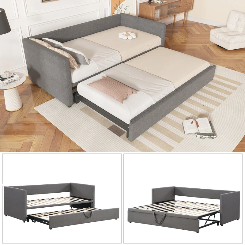 Upholstered Single Sofa Bed with Pull-Out Bottom Bed, Converts to Double Sofa Bed, Space-Saving Daybed, 203x191x73 cm, Gray