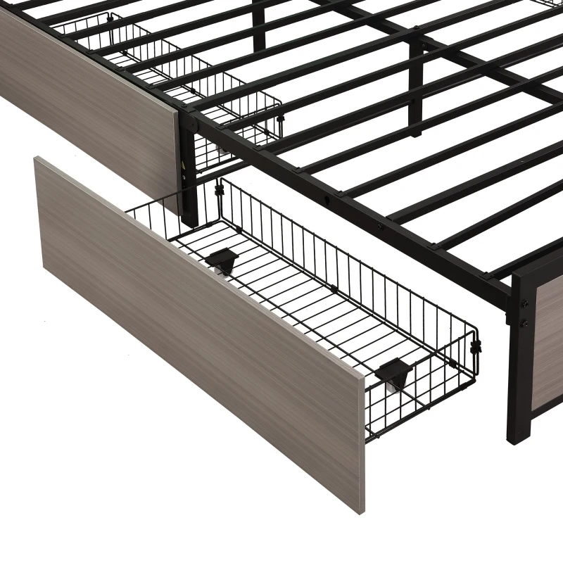 Metal Double Bed with LED Light Strip, 4 Drawers, and 3 USB Ports, , Ideal for Home and Bedroom Furniture, 207x135.5x105 cm, Gray