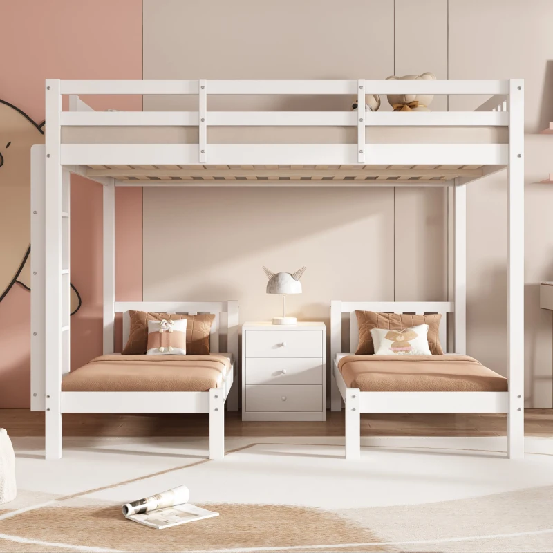 Triple Bunk Beds with Side Ladder, Safety Rails, Pine Frame, 205x146.5x165 cm, White