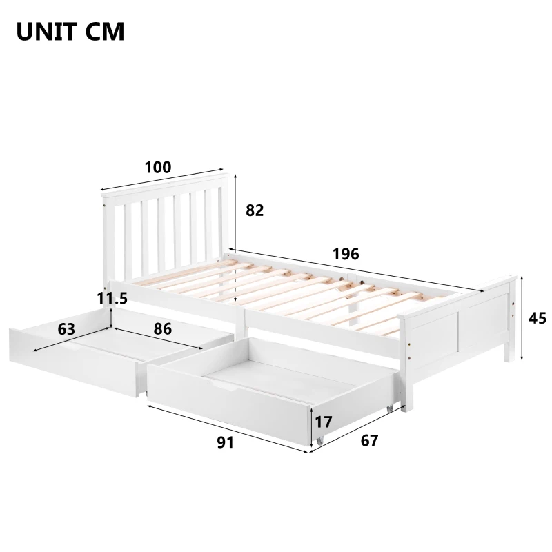 Wooden Solid Pine Divan Storage Bed with Drawers, Single 3ft, 196x100x82 cm, White