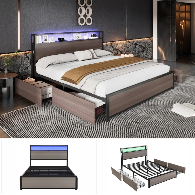 Metal Double Bed with LED Light Strip, 4 Drawers, and 3 USB Ports, , Ideal for Home and Bedroom Furniture, 207x135.5x105 cm, Gray