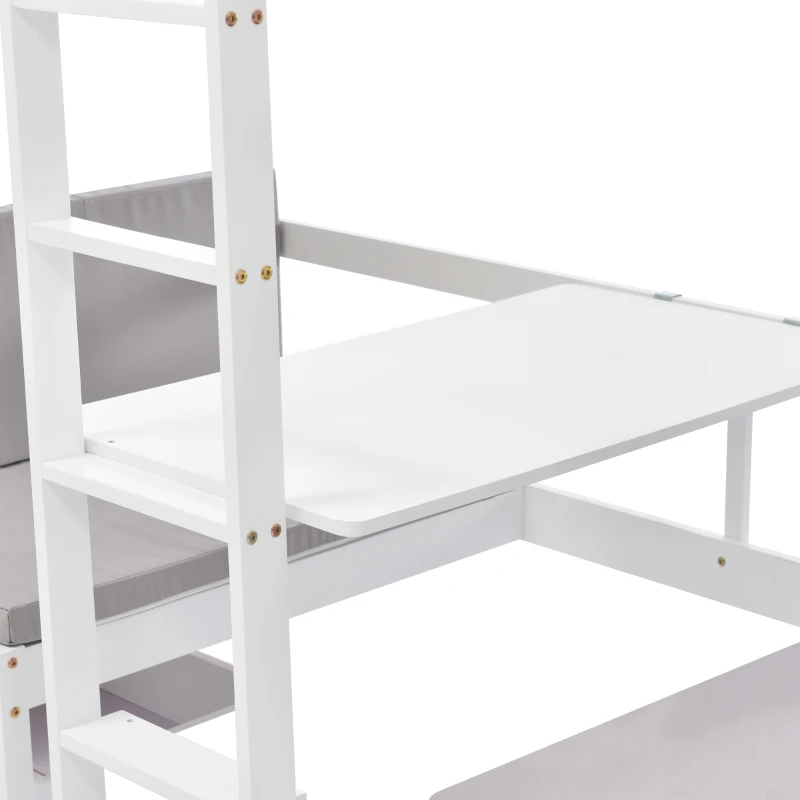 Functional Loft Bunk Bed with Desk and Storage, Twin Bedframe with Drawers and Cushions, Space-Saving Design, 196x101x168 cm, White
